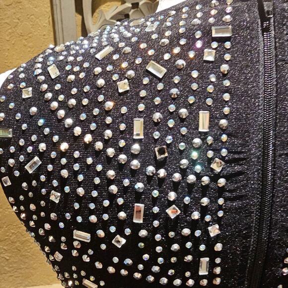 Windsor Heat XS Stone Rhinestone Bodycon Mini Dress Black Sleeveless Party Glam - Picture 10 of 14